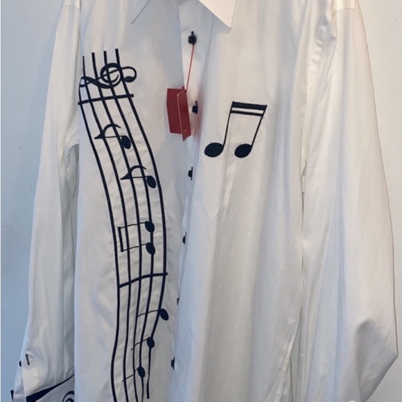 Axxess White Cotton Black Music Notes Embroidery Collar French Cuff Shirt XXL - Picture 3 of 6